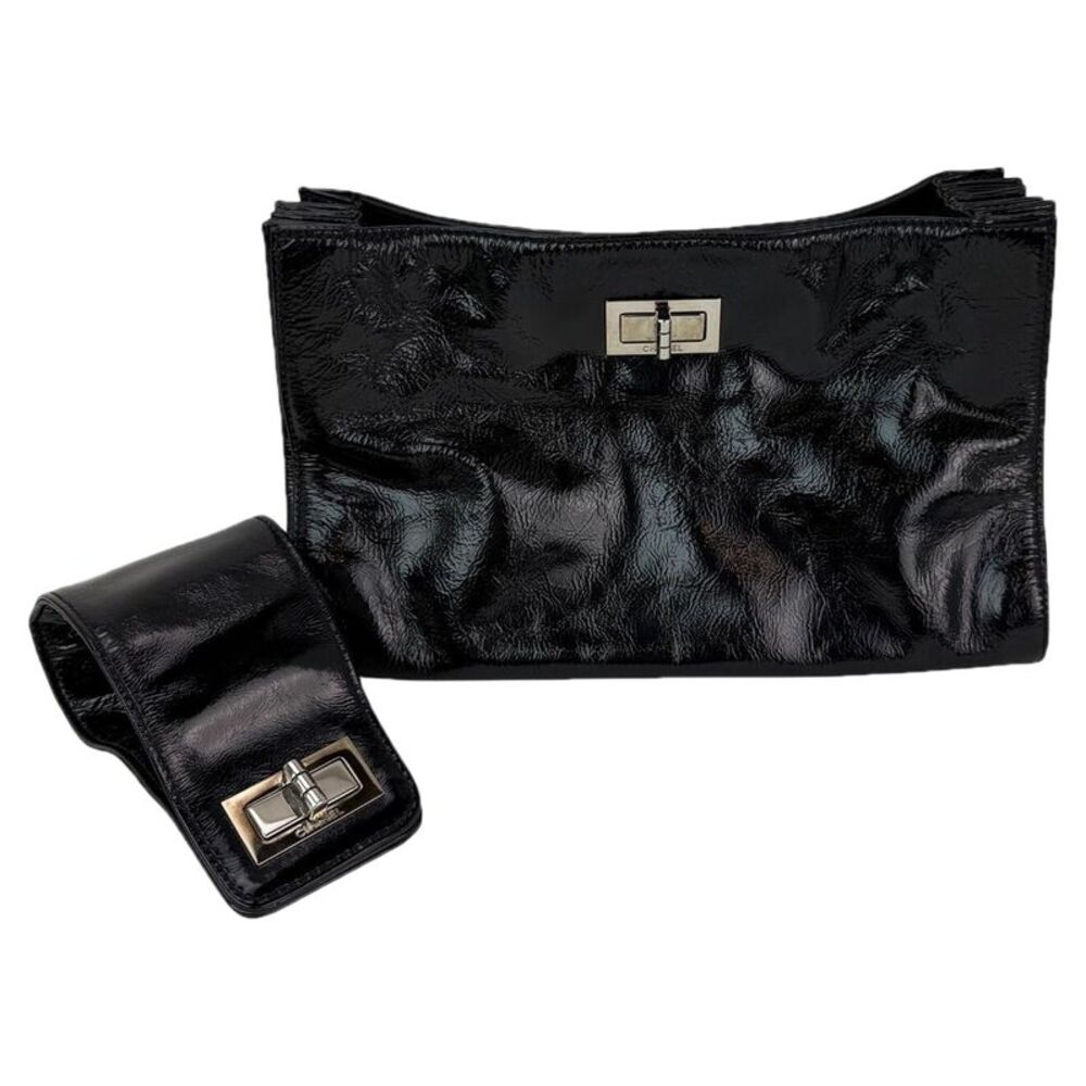 Chanel Patent Mademoiselle lock Convertible Wrist Clutch Black Bag